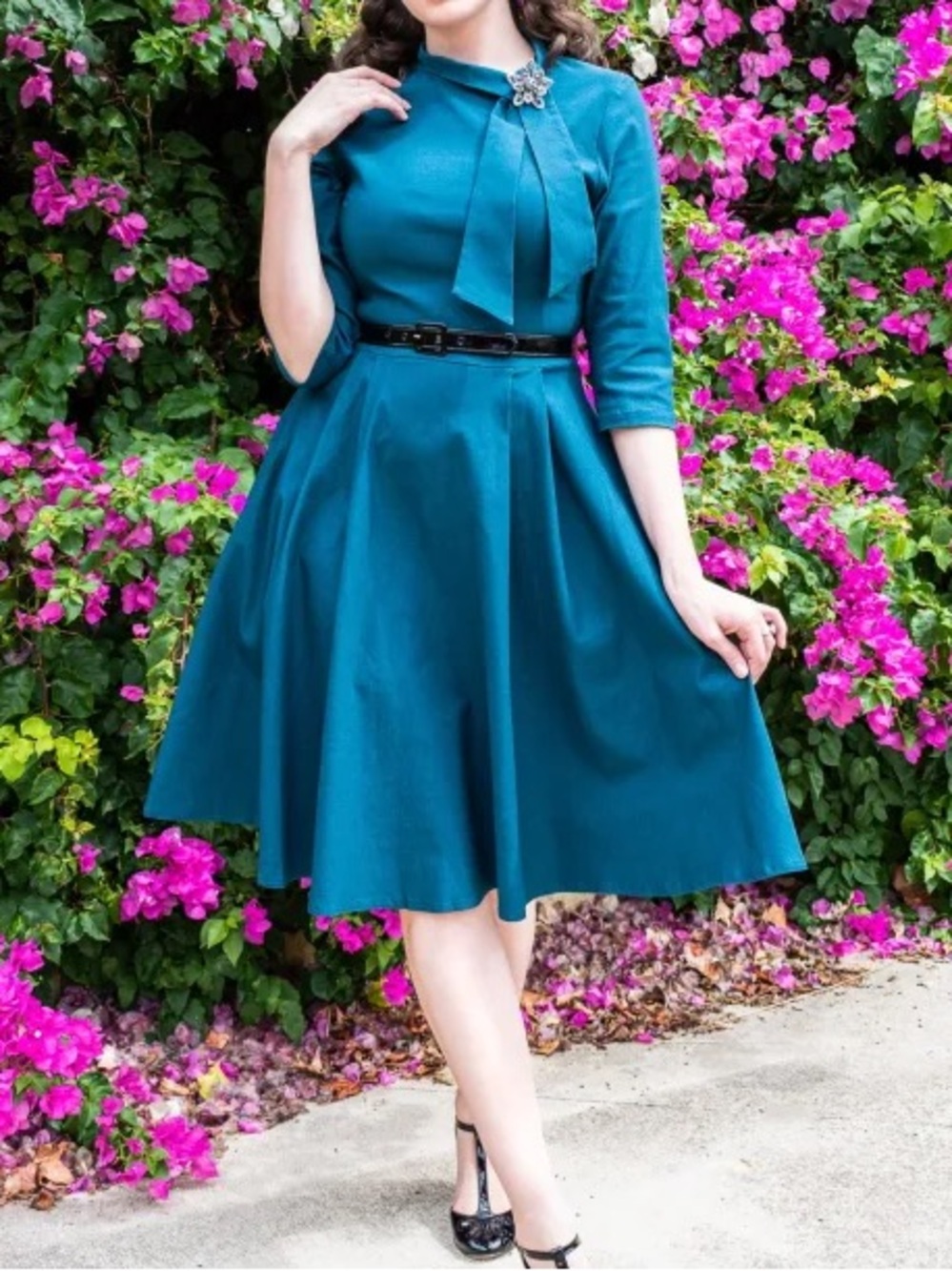 Vintage-Inspired Dark Teal Swing Dress with Bow Neck
